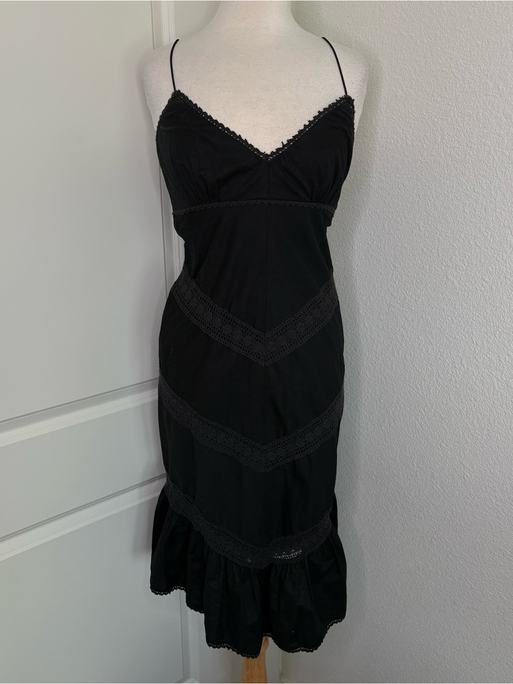 Y2K Ralph Lauren Black Cotton Empire Waist Tiered Midi Dress Size 6 Boho